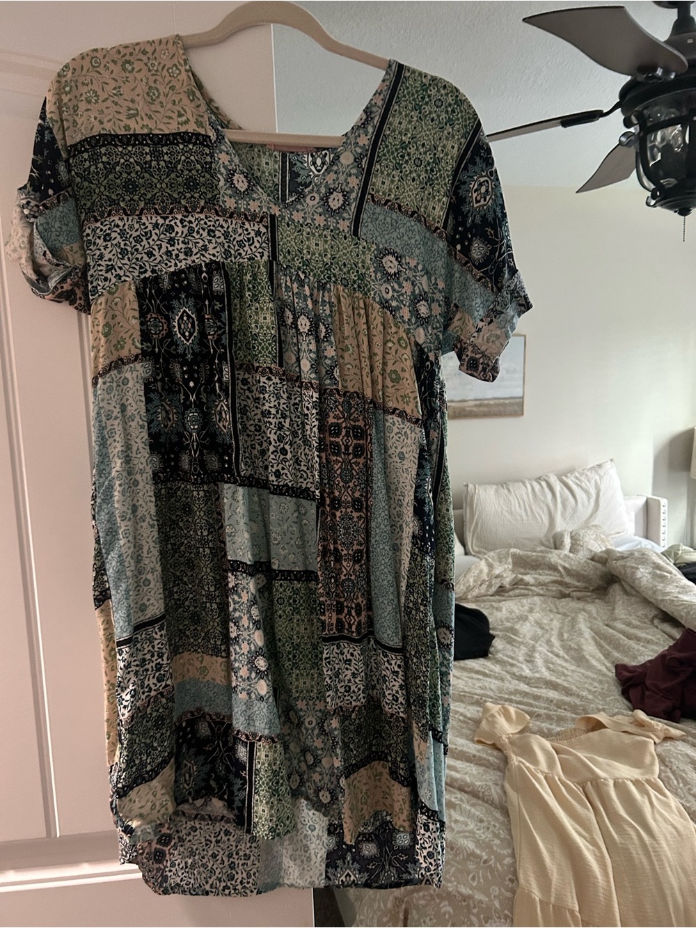 Boho Patchwork Short Sleeve Tunic Dress - Green Multi